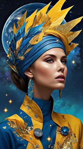 ilustratie generata AI, femeie frumoasa in tinuta eleganta, cu albastru si galben