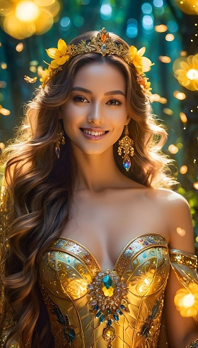 ilustratie generata AI, femeie frumoasa, zambitoare, cu coroana pe cap si cu corset auriu