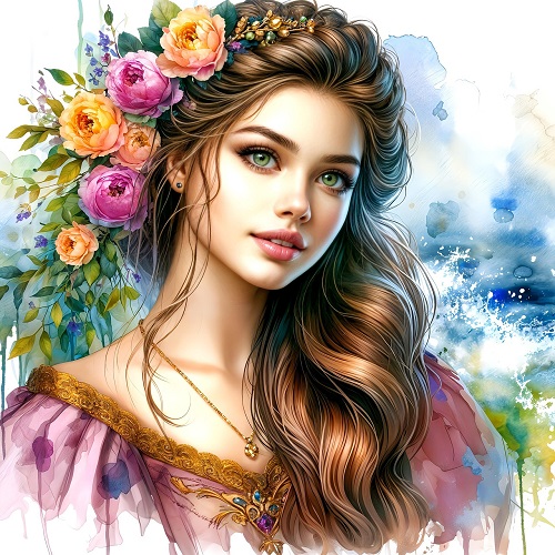 ilustratie generata AI, printesa zambitoare cu o coronita de flori pe cap