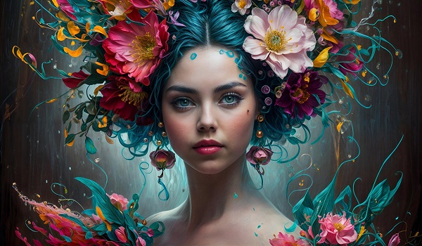 ilustratie generata AI, femeie frumoasa, cu flori colorate in par