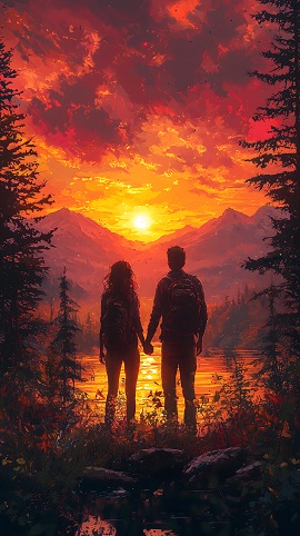 ilustratie generata AI, cuplu moment romantic la apusul soarelui intr-o drumetie la munte