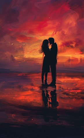 ilustratie generata AI tip pictura, cuplu intr-o ipostaza romantica la apusul soarelui