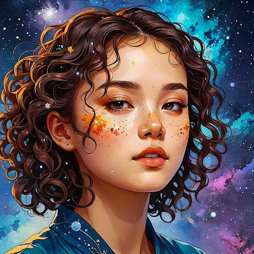 ilustratie generata AI, portret de femeie tanara intr-un cadru stelar