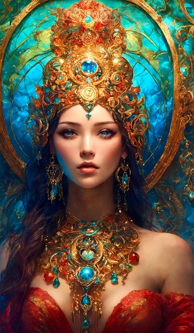 ilustratie generata AI, printesa cu coroana inalta pe cap si cu imbracaminte rosie