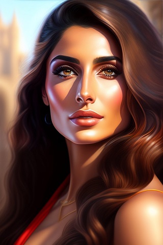 ilustratie generata AI, femeie frumoasa, cu par lung, cu imbracaminte rosie si cu bijuterie aurie la gât