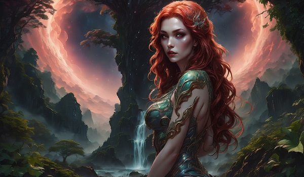 ilustratie generata AI, fantezie, Lililith intr-un colt de natura 