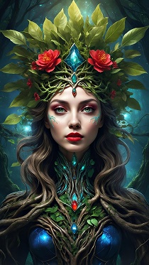 ilustratie generata AI, femeie frumoasa cu coroana de frunze si flori rosii 