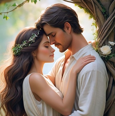 ilustratie generata AI, moment romantic, cuplu tanar la umbra unui copac