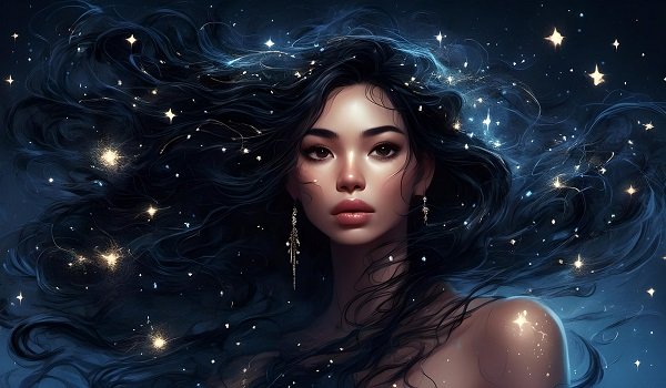 ilustratie generata AI, femeie cu par lung, negru, intr-un cadru stelar
