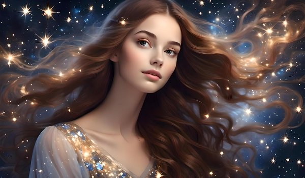 ilustratie generata AI, femeie frumoasa, cu parul lung, inconjurata de stele