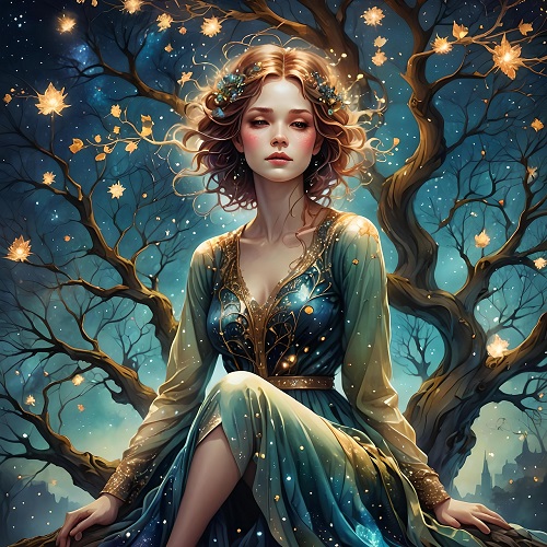 ilustratie generata AI, femeie tanara care sta intr-un copac, inconjurata de stele si frunze