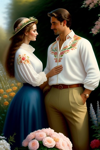 ilustratie generata AI, cuplu intr-o ipostaza romantica intr-un colt de natura