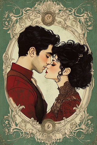 ilustratie generata AI tip coperta carte, cuplu tanar in ipostaza romantica