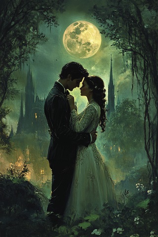 ilustratie generata AI tip coperta de carte, cuplu in ipostaza romantica in lumina lunii