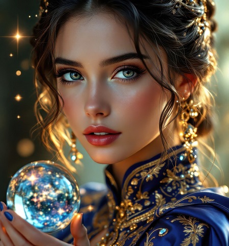 ilustratie generata AI, femeie frumoasa care tine în mâna un glob de cristal