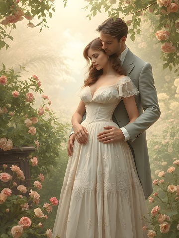 ilustratie generata AI, cuplu regal intr-o ipostaza romantica intr-o gradina cu trandafiri roz
