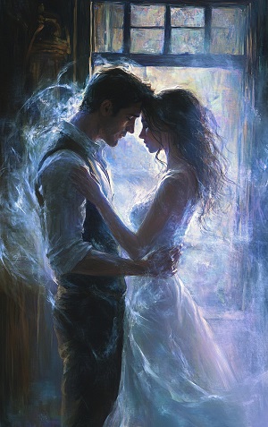 ilustratie generata AI, cuplu tanar intr-o ipostaza romantica într-o casă