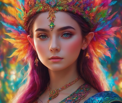 ilustratie generata AI, portret zână-elf multicolor