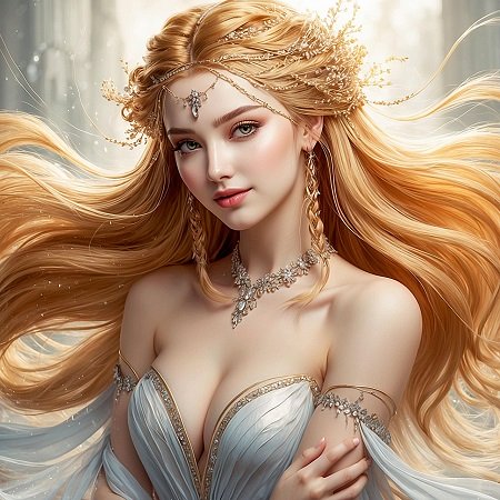 ilustratie generata AI, printesa cu par blond, zambitoare si cu rochie alba cu auriu