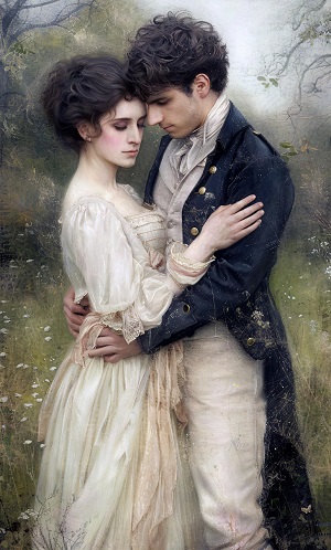 ilustratie generata AI, cuplu nobil intr-un moment romantic in aer liber