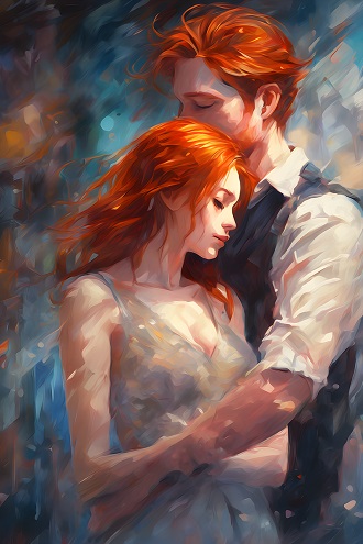 ilustratie generata AI tip pictura, cuplu tânăr moment romantic