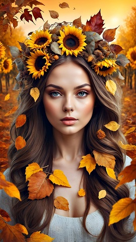 ilustratie generata AI, portret de femeie tanara, cu o coroana de frunze de toamna si de floarea-soarelui