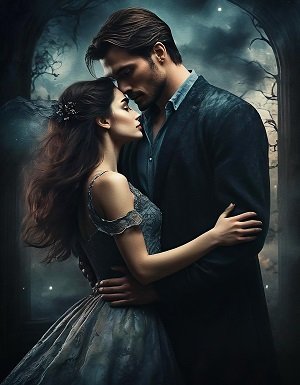 ilustratie, cuplu intr-o ipostaza romantica intr-un cadru nocturn