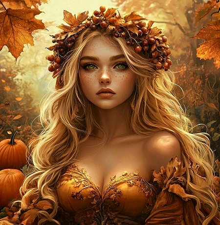 ilustratie, portret de femei tânără, frumoasă, cu o coroană de frunze de toamnă și struguri pe cap