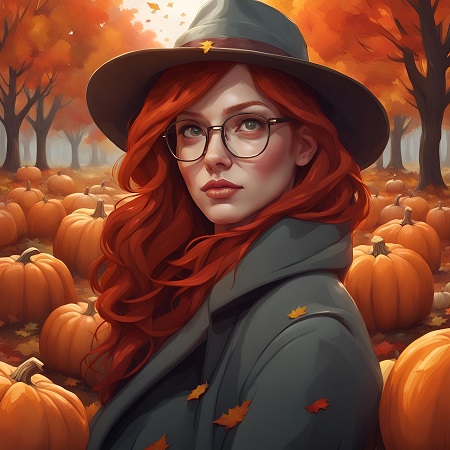 ilustratie, femeie cu palarie pe cap, inconjurata de dovleci și de arbori toamna