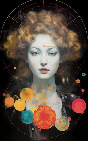 ilustratie generata AI, tablou fantezie portret femeie si planete colorate