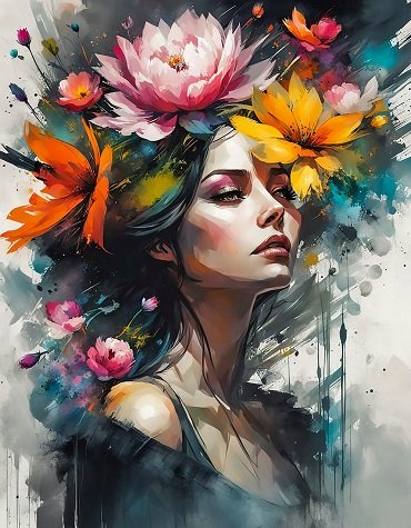 ilustratie generata AI, femeie cu coroana de flori pe cap