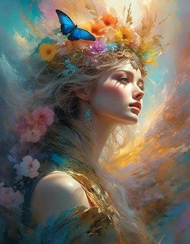 ilustratie generata AI, femeie tanara, frumoasa, inconjurata de flori, fluturi si cer senin