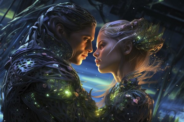 ilustratie generata AI, fantezie, cuplu in tinute verzi, stralucitoare
