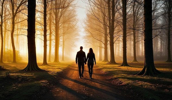 ilustratie generata AI, cuplu la plimbare intr-o zi insorita de toamna