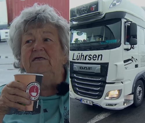 bunica Rosi, șoferița de camion, savurându-și cafeaua