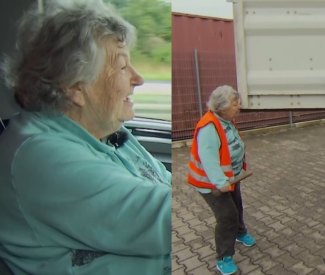 colaj de poze cu bunica Rosi conducand un camion si surprinsa intr-o parcare pentru camioane