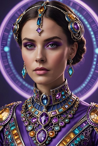 ilustratie generata AI, femeie cu bijuterii și accesorii violet, albastre și aurii pe o ținută violet