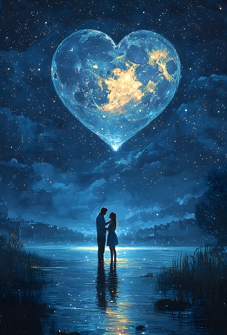 ilustratie generata AI, cuplu sub cerul instelat, pe care se află o inima luminoasă