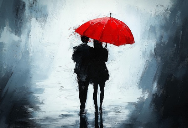 ilustratie generata AI, cuplu plimbandu-se sub umbrela
