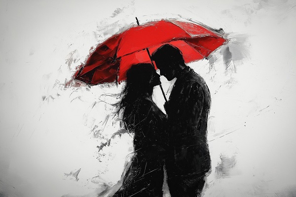 ilustratie generata AI, cuplu sub umbrela moment romantic