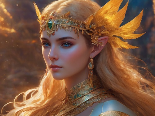ilustratie generata AI, zana-elf cu coroana cu pene aurii