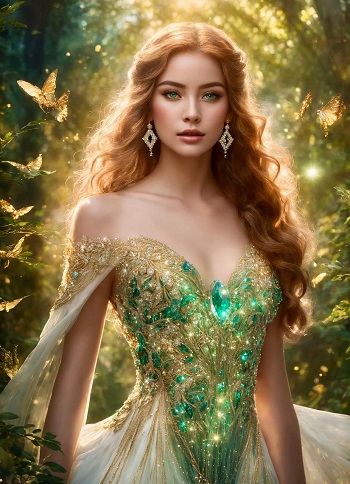 ilustratie generata AI, prințesă în rochie verde înconjurată de fluturi aurii