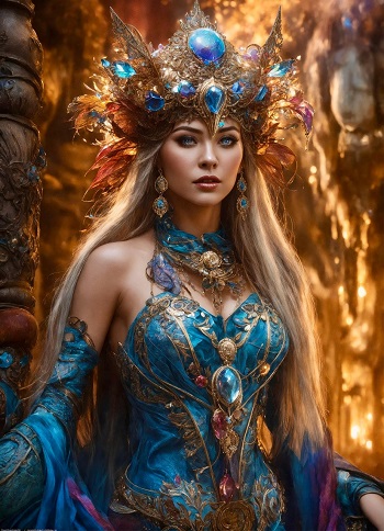 ilustratie generata AI, zână îmbrăcată în albastru, cu bijuterii opulente