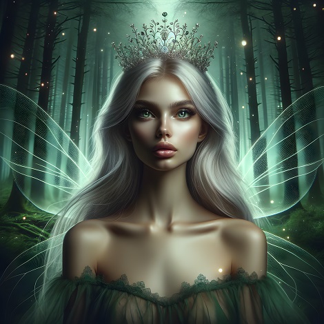 ilustratie generata AI, zână înaripată în ținută verde în pădure