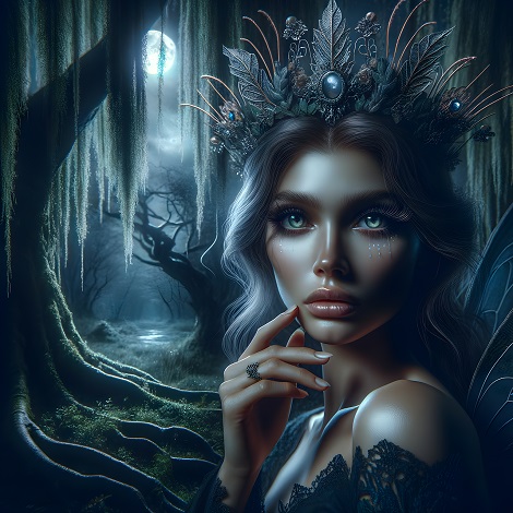 ilustratie generata AI, prințesă misterioasă într-un cadru nocturn în pădure
