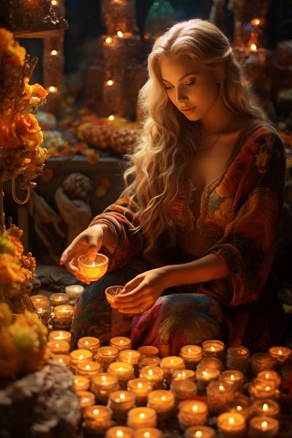 ilustratie generata AI, femeie care realizează un ritual cu candele aprinse