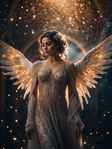 ilustratie generata AI, femeie cu aripi de inger si rochie stralucitoare intr-un decor cosmic