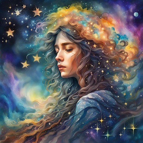 ilustratie generata AI, femeie cu ochii inchisi, inconjurata de un decor cosmic, cu praf de stele