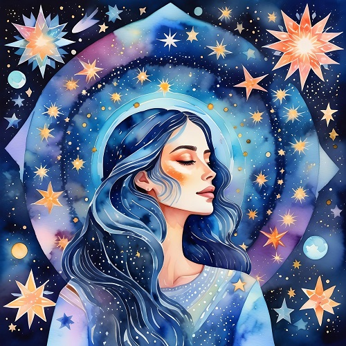 ilustratie generata AI, femeie frumoasa, cu ochii inchisi, inconjurata de stele, meditând