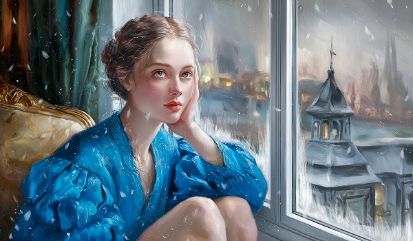 ilustratie generata AI, fata tristă stând la fereastra într-o zi de iarnă